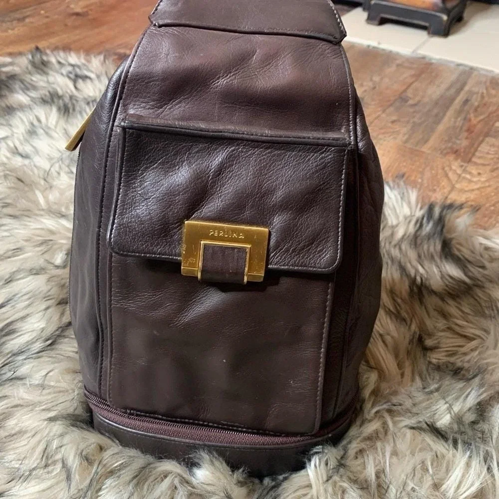 Perlina Sling Backpack Women OS Dark‎ Brown Good Leather Teardrop Gold purse